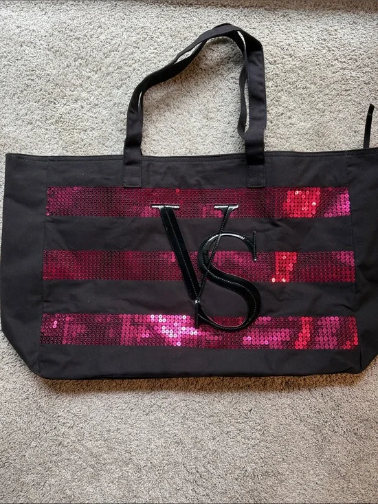 Victoria's Secret Black Tote with Fuchsia Sequin Stripes
