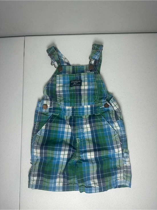 OshKosh B'gosh Green & Blue Plaid Short Overalls