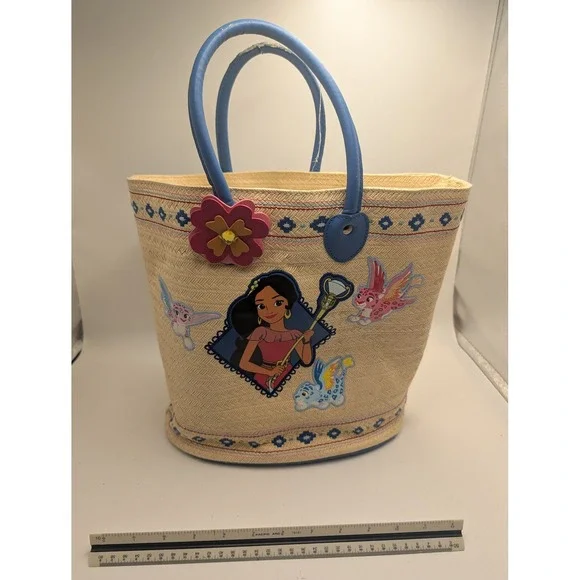Disney Store Elena of Avalor Straw Tote Bag Blue Woven Basket Jaquin Flower