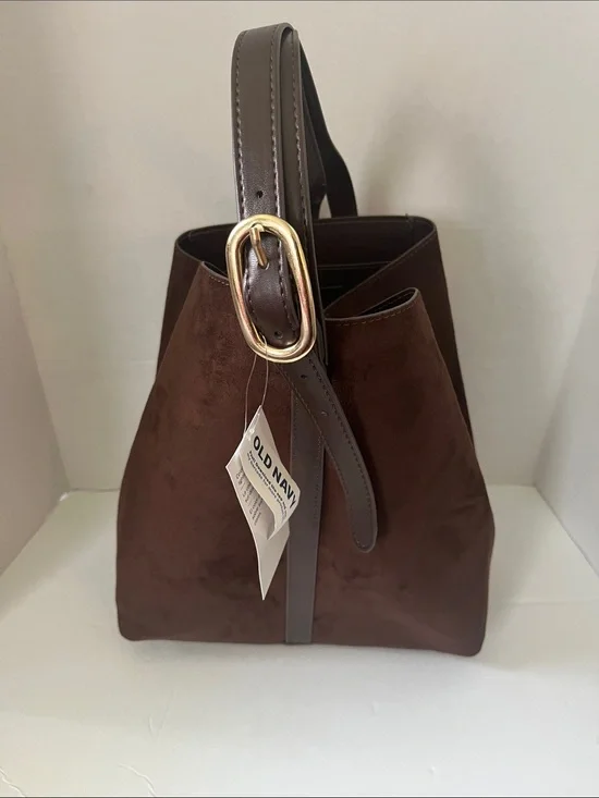 Old Navy Brown Faux Suede Tote with Gold Buckle Strap