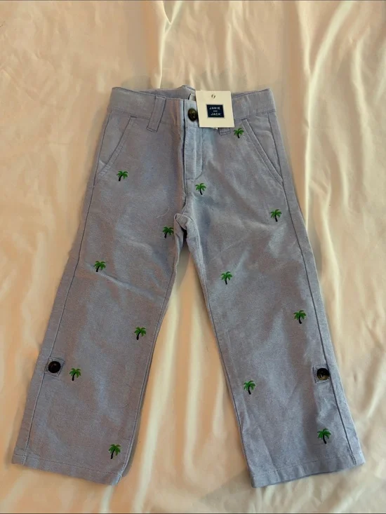 Janie and Jack Light Blue Palm Tree Embroidered Casual Pants