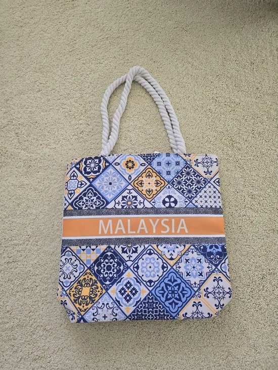 Beautiful Tile-Print Canvas Tote with Rope Handles in Blue & Yellow