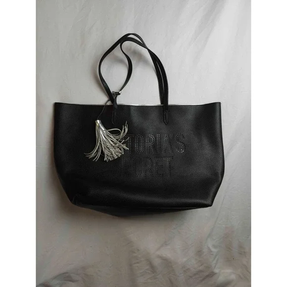 Victoria's‎ Secret Tote Bag Womens Black Silver Studded Rhinestone Logo Tassel