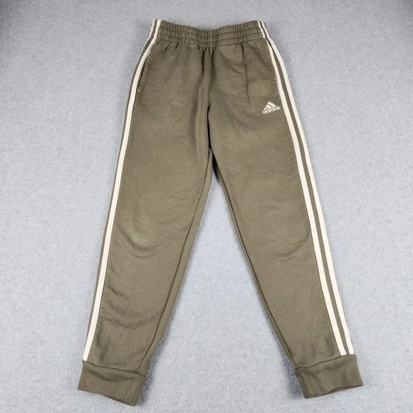 Adidas‎ Joggers Pants Kids M 10/12 Olive Green 3-Stripe Fleece Lined Regular Fit