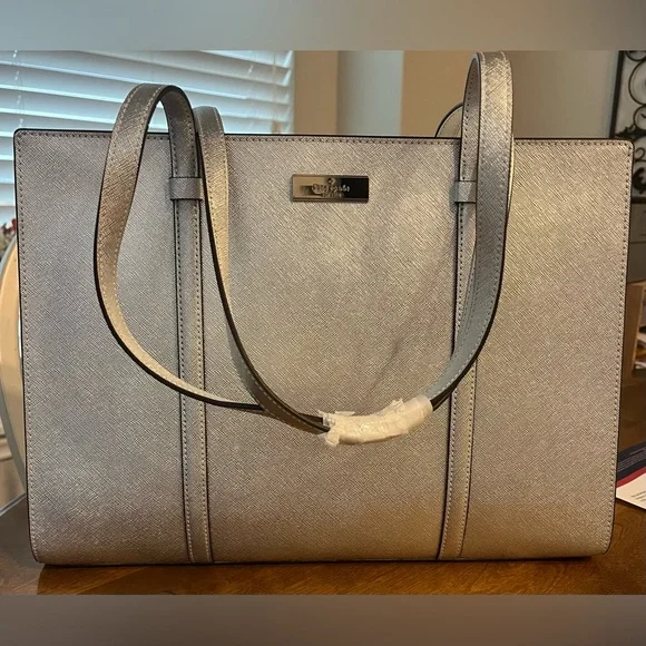 Kate Spade Metallic Silver Lunar Light Saffiano Leather Large Tote Kenzie NEW