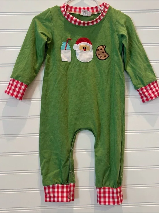 Baby Christmas Romper 6-12M Santa Milk Cookies Green with Red/White Gingham