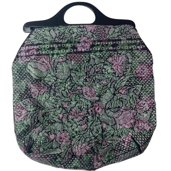 Vintage Large Beaded‎ Floral Bag , acrylic handles Boho