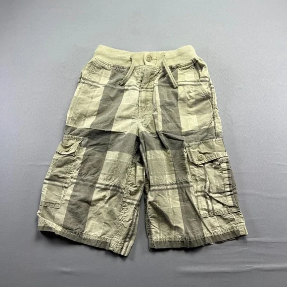 Urban Pipeline Cargo Shorts Kids L Beige Gray Plaid Drawstring Utility Pocket