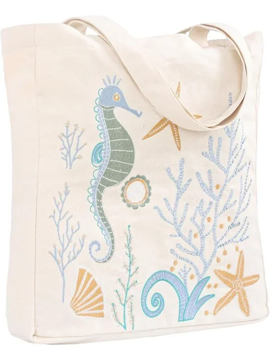 Ocean-Inspired Embroidered Tote Bag for Women | Summer Canvas Beach & Grocery