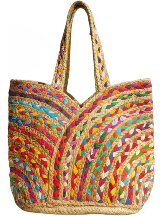 Boho Beach Tote Bag - Handmade Jute & Cotton Bucket Handbag with Tassels