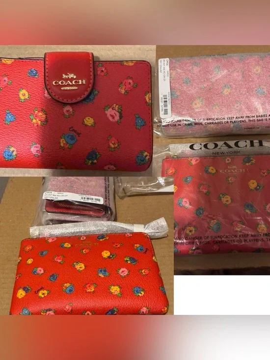 NWT Coach Miami Red Vintage Flower Set-Corner ZIP Wallet and Wristlet