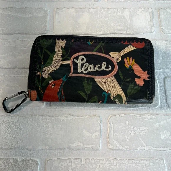 Sakroots Wallet Zip Around Artist‎ Circle Peace Bird Floral Embroidered Black