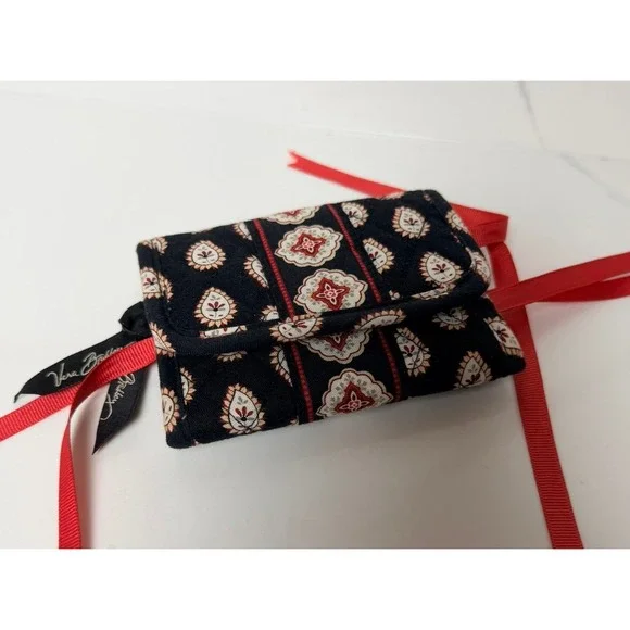 Vera Bradley Tri Fold Wallet Black Red White Paisley Medallion Quilted Cotton