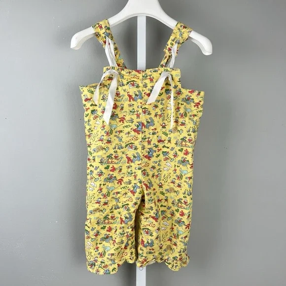 Vintage Three Girls Romper Overalls Baby Girl 12M Yellow Farm Animal‎ Print USA