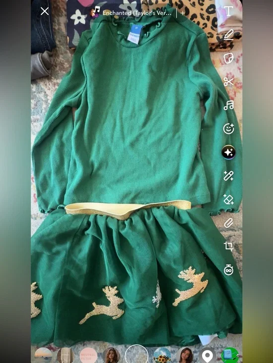 Old Navy Green Holiday skirt and shirt set with Gold Reindeer Trim Worn once