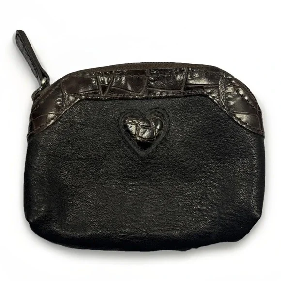 Vtg Brighton Black Leather Zip Coin Change Purse/ Croc Trim And Heart‎