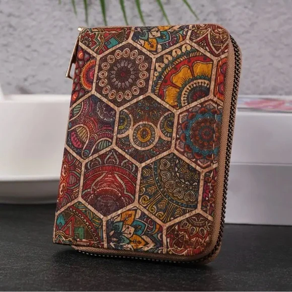 Boho Cork Mini Wallet Floral Coin Purse Zipper Credit Card Holder Vegan Travel