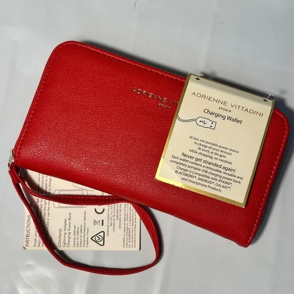 Adrienne Vittadini Charging Wallet‎ Womens OS Red Pebble Zip Phone Case New