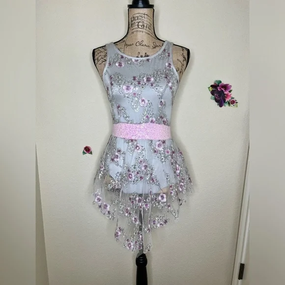 Curtain Call E1179 Child Large Lyrical Dance Costume Silver Floral Sequin CLA