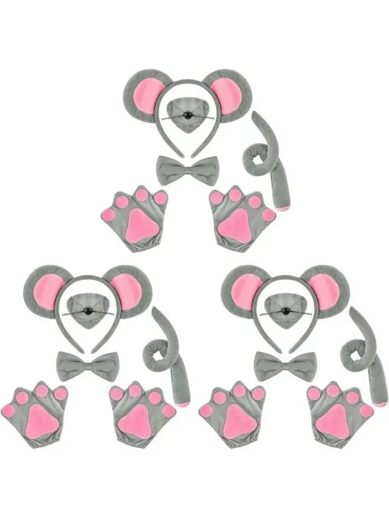 3 Blind Mice Costume Accessory Set - Ears, Tail, Nose, Bow Tie & Gloves for