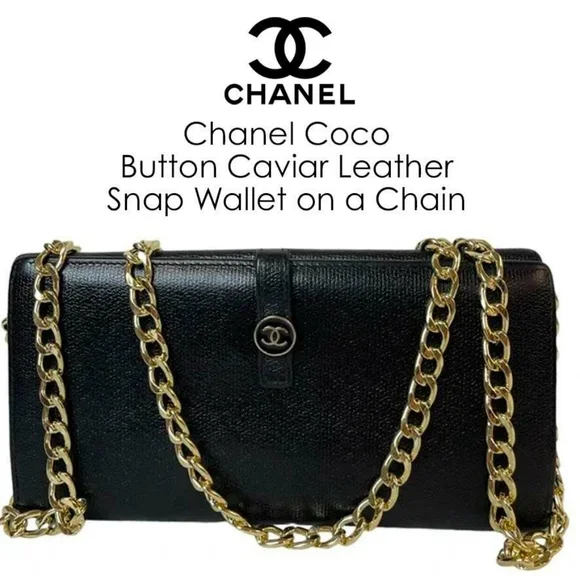Chanel Coco Button Caviar Leather Snap Wallet on a Chain