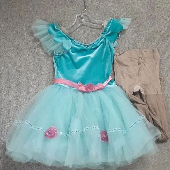 Munchkin costumes:Adorable Revolution turquoise with pink beaded roses / tights.