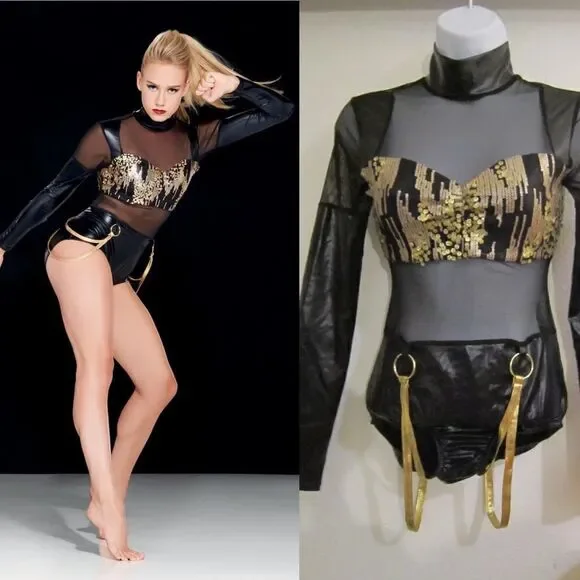 Kelle dance jazz acro costume leotard gold sequin JAGGED SPIRIT 5172 MA adult