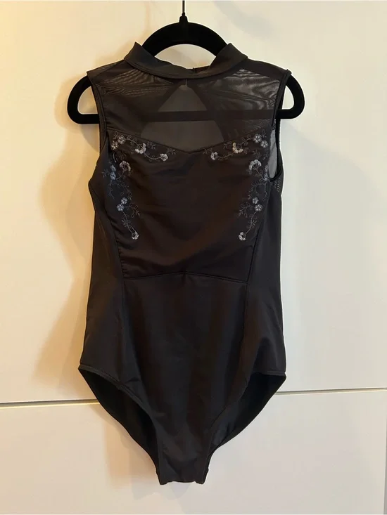 Bloch Black Sleeveless Mesh-Back Floral Embroidered Leotard - Child’s 12
