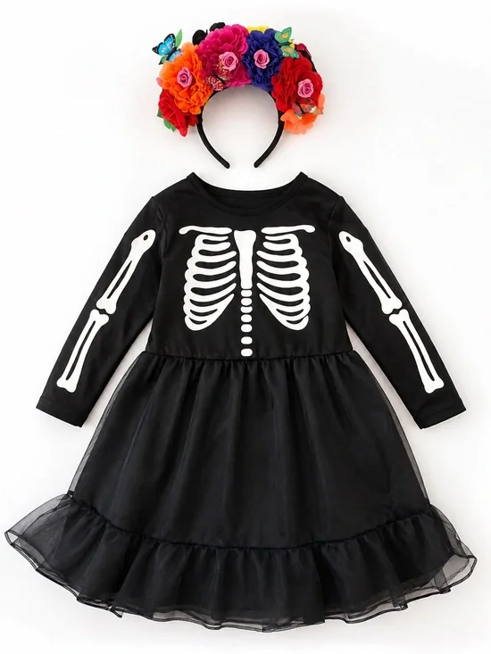 Girls Dia de Los Muertos Black Skeleton Tulle Costume Dress with Floral Headband