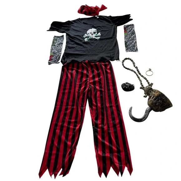 Pirate Costume Kids Size M Black Red Striped Hook Eyepatch Set