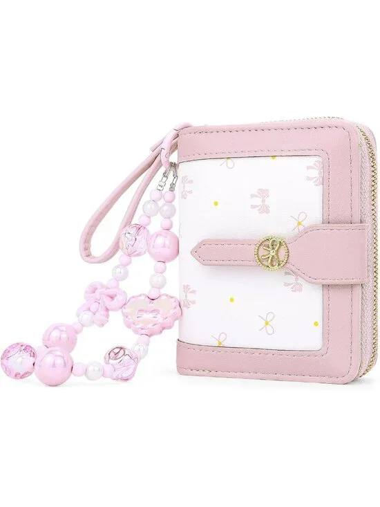 Cute Pink Bifold Wristlet Wallet with Bow & Keychain - Small Coin Pocket Purse