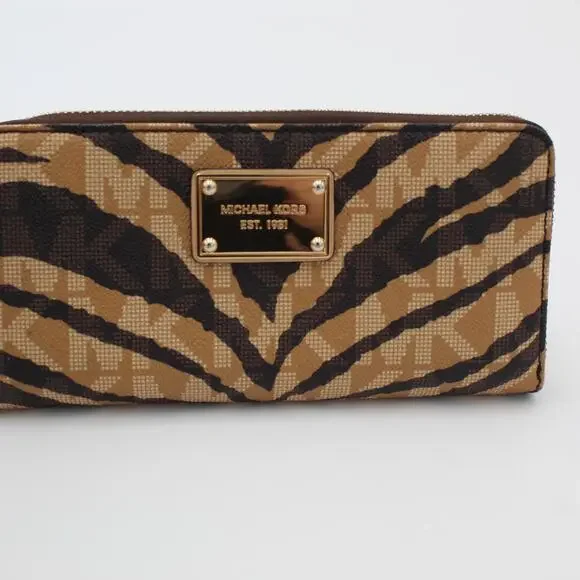 Michael Kors Jet Set Zip Around Continental Wallet Brown Zebra Animal Print