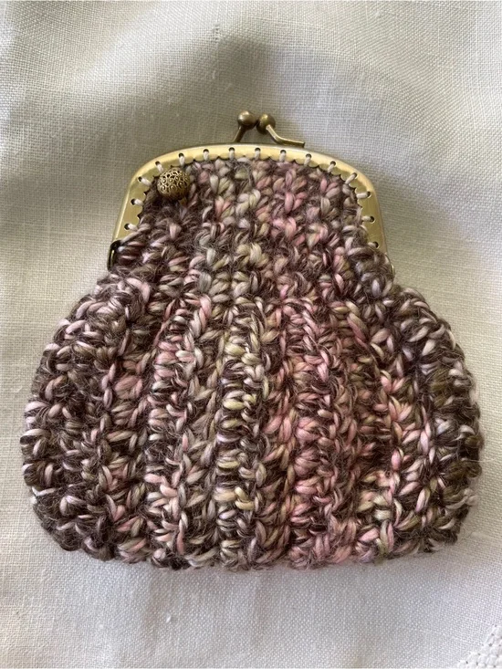 Handmade Knit Coin Purse in Brown and Pink