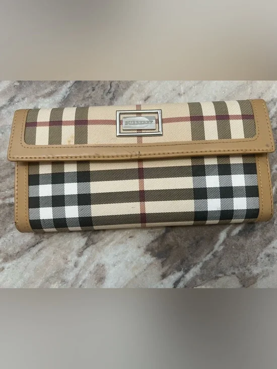 Burberry Beige Plaid Wallet with Tan Trim