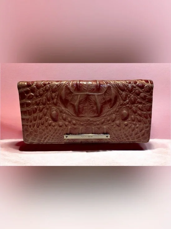 Brahmin Taupe Croc-Embossed Leather Wallet with Silver Plaque