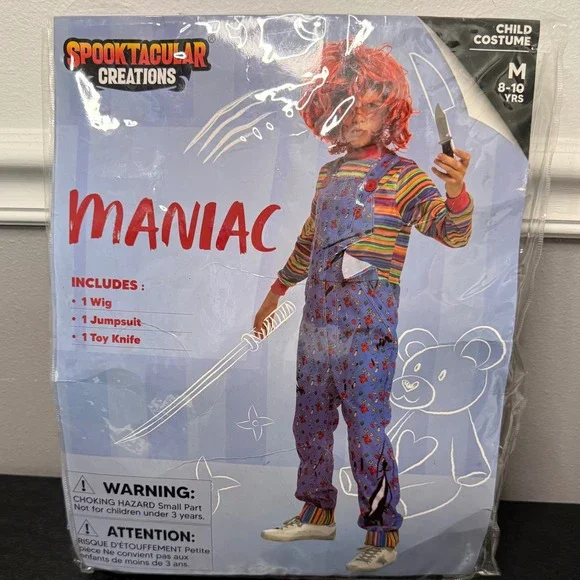 Spooktacular Creations Maniac Costume Kids M 8-10 Blue New Jumpsuit Wig Knife