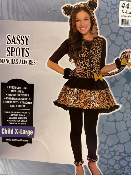 Sassy Spots Leopard Print Costume Girls Size XL Cat Feline Hooded Dress EUC