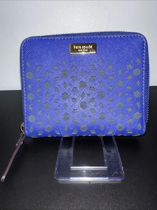 EUC kate spade cobalt blue laser-cut zip wallet with gold logo and Gold Zipper
