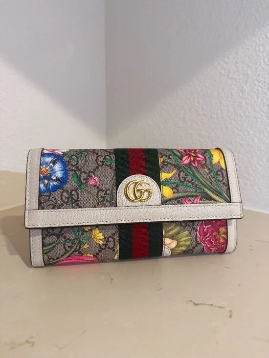 🌸 Gucci Ophidia GG Flora Continental Long Wallet with White Leather Trim