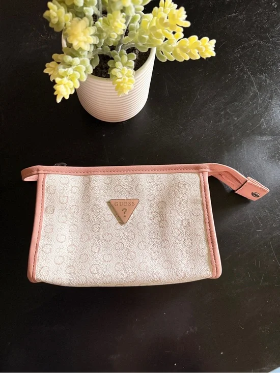 GUESS Cream Logo Wristlet with Pink Trim
