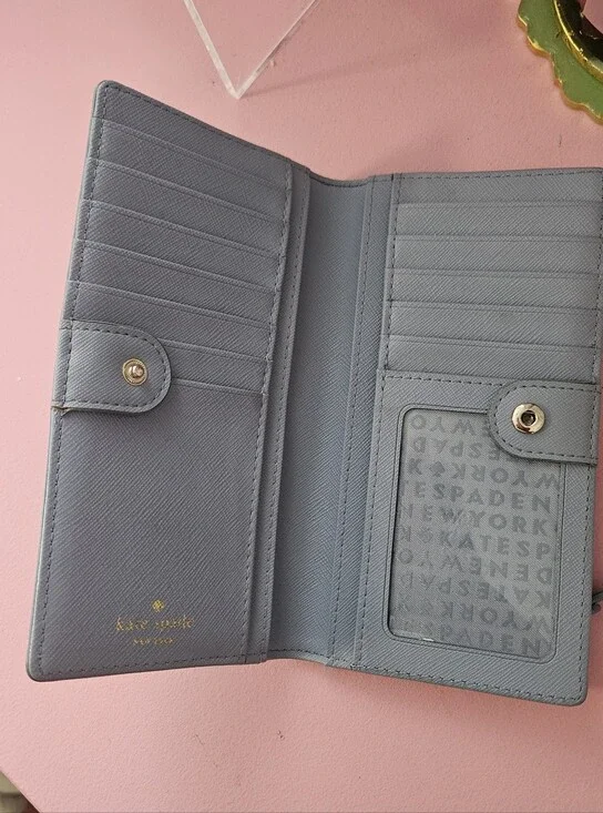 kate spade Dusty Blue Gray Saffiano Leather Long Wallet with Gold Plaque