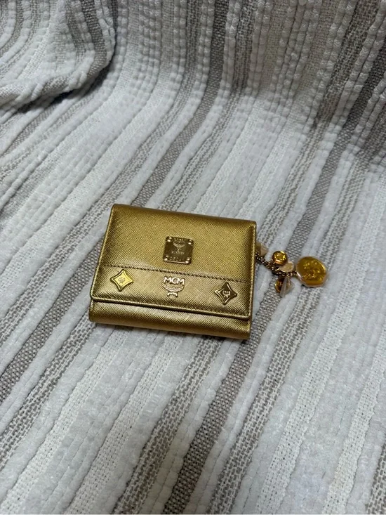 MCM Metallic Gold Saffiano Leather Compact Wallet with Charm