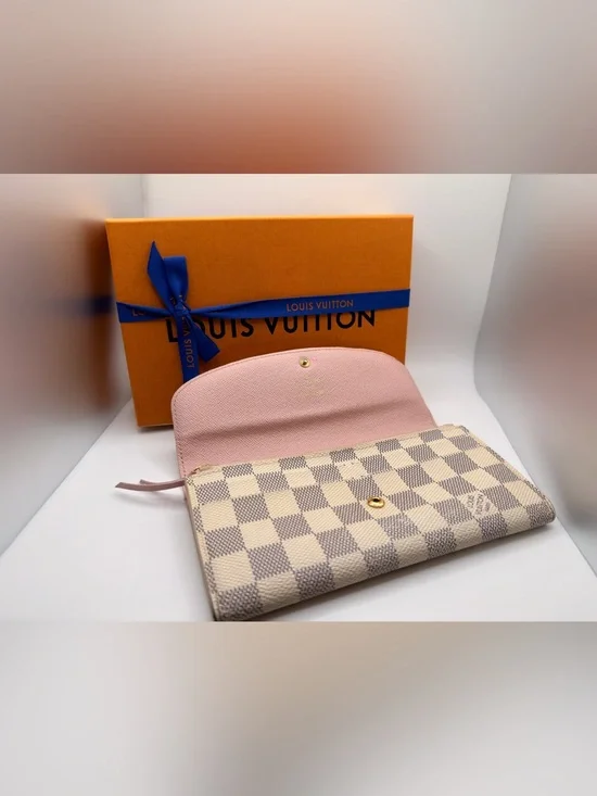 Louis Vuitton Damier Azur Emilie Wallet Rose Ballerine + Box