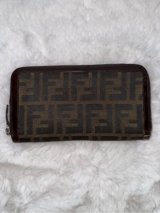 Fendi Monogram Canvas and Leather Zip Wallet in Dark Brown with Silver Hardware