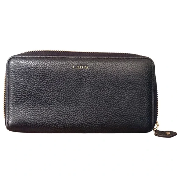Lodis Audrey Black Pebbled Leather Zip‎ Around Wallet Organizer RFID Minimalist