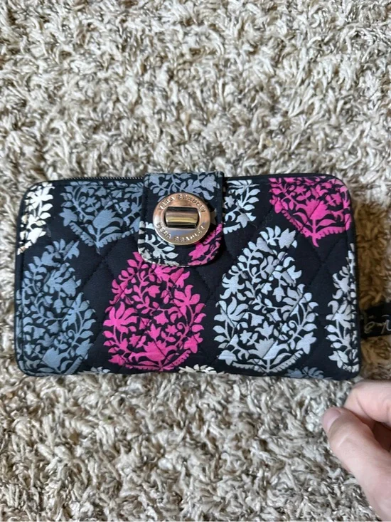Vera Bradley Black Quilted Wallet with Pink & Gray Floral Medallions
