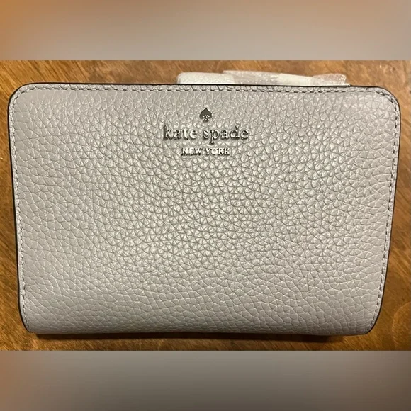 Kate Spade Lena Pebbled Leather Mountain Gray Medium Compact Wallet New With Tag