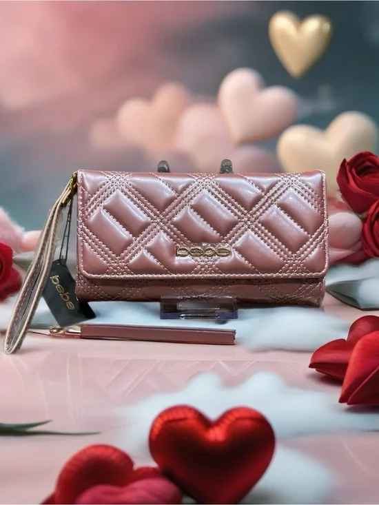 bebe Quilted Metallic Rose Pink Wallet Wristlet