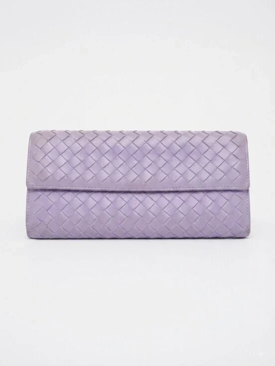 Authentic Bottega Veneta Lilac Purple Intrecciato Woven Leather Continental Wall