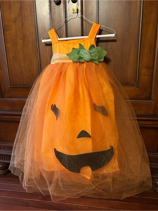 Pottery Barn Kids Light Up Orange Pumpkin Tulle Dress with Green Leaf Accent
